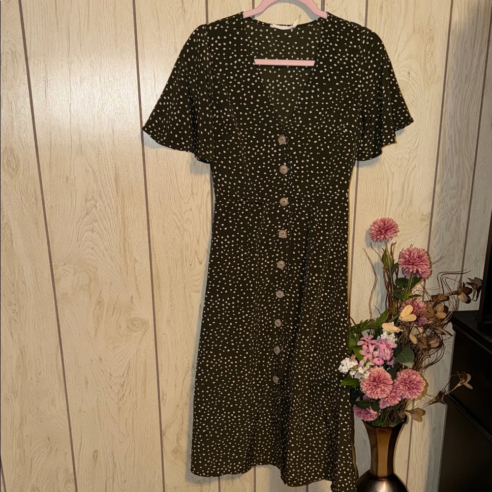 Button-Front Black Polka Dot Midi Dress